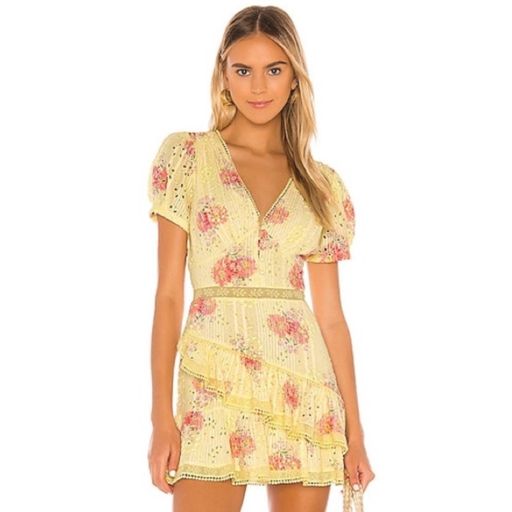 LoveShackFancy Bea Yellow Floral Ruffle Embroidered Eyelet Mini Dress